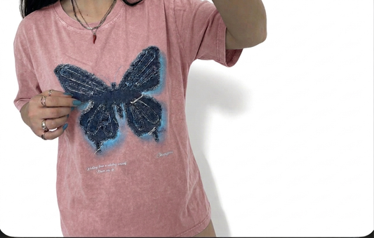 Butterfly Denim Print T-Shirt – Washed
