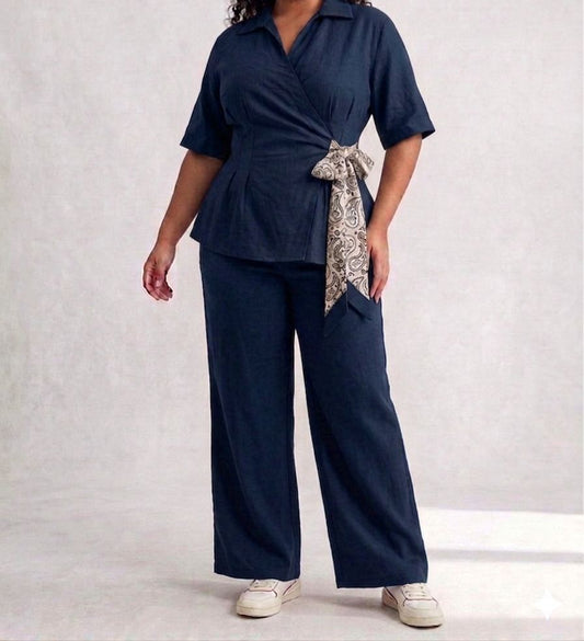 Coordinato Camicia a Portafoglio e Pantalone Wide Leg con Foulard