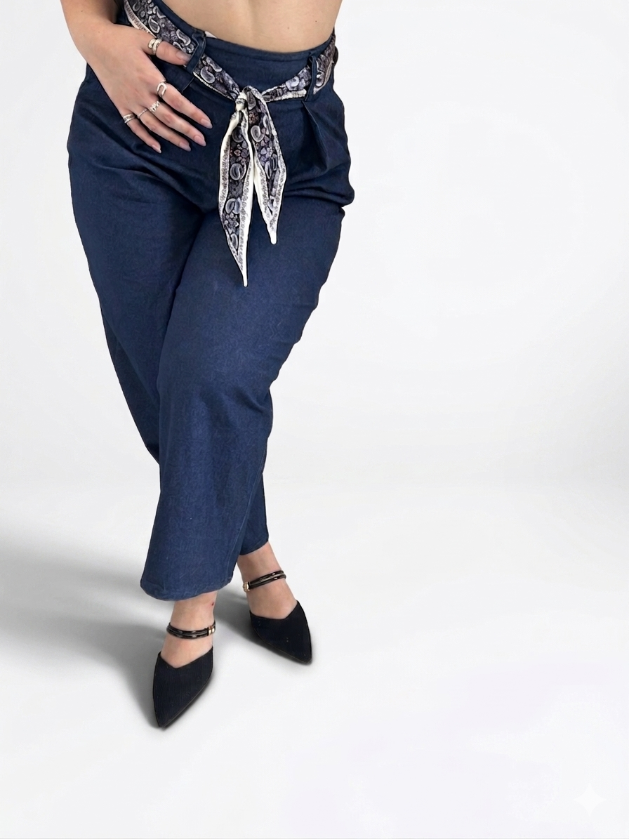 Pantalone Rugiada, Blu Navy a Vita Alta con Foulard Paisley