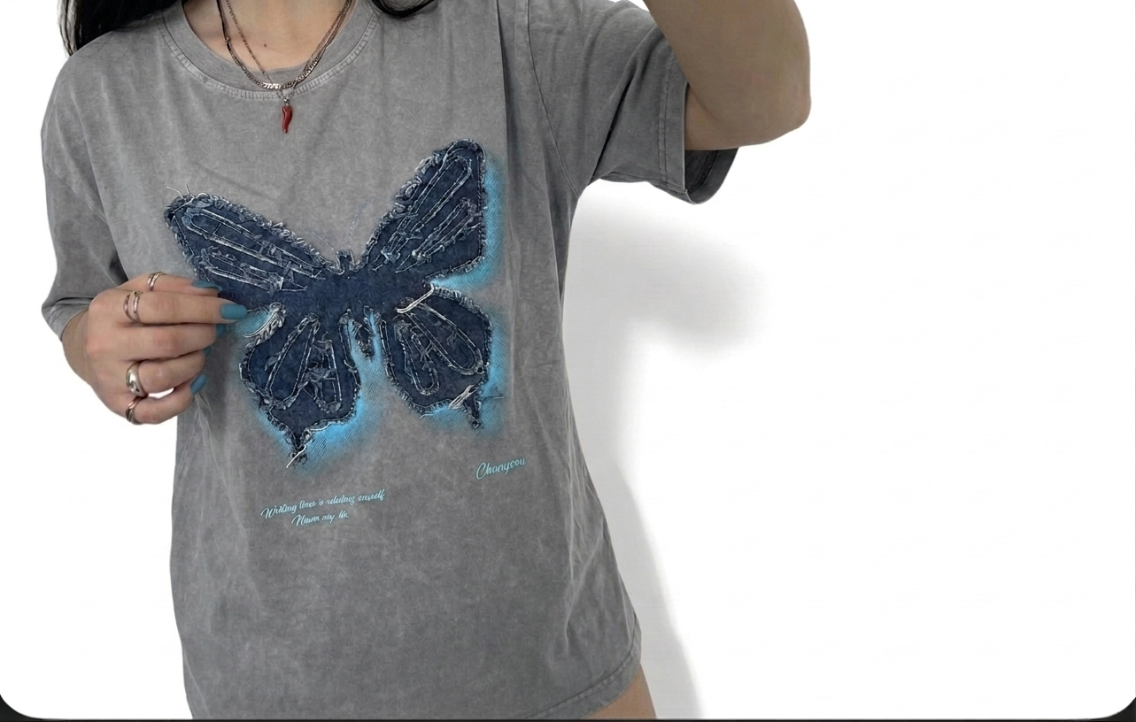 Butterfly Denim Print T-Shirt – Washed