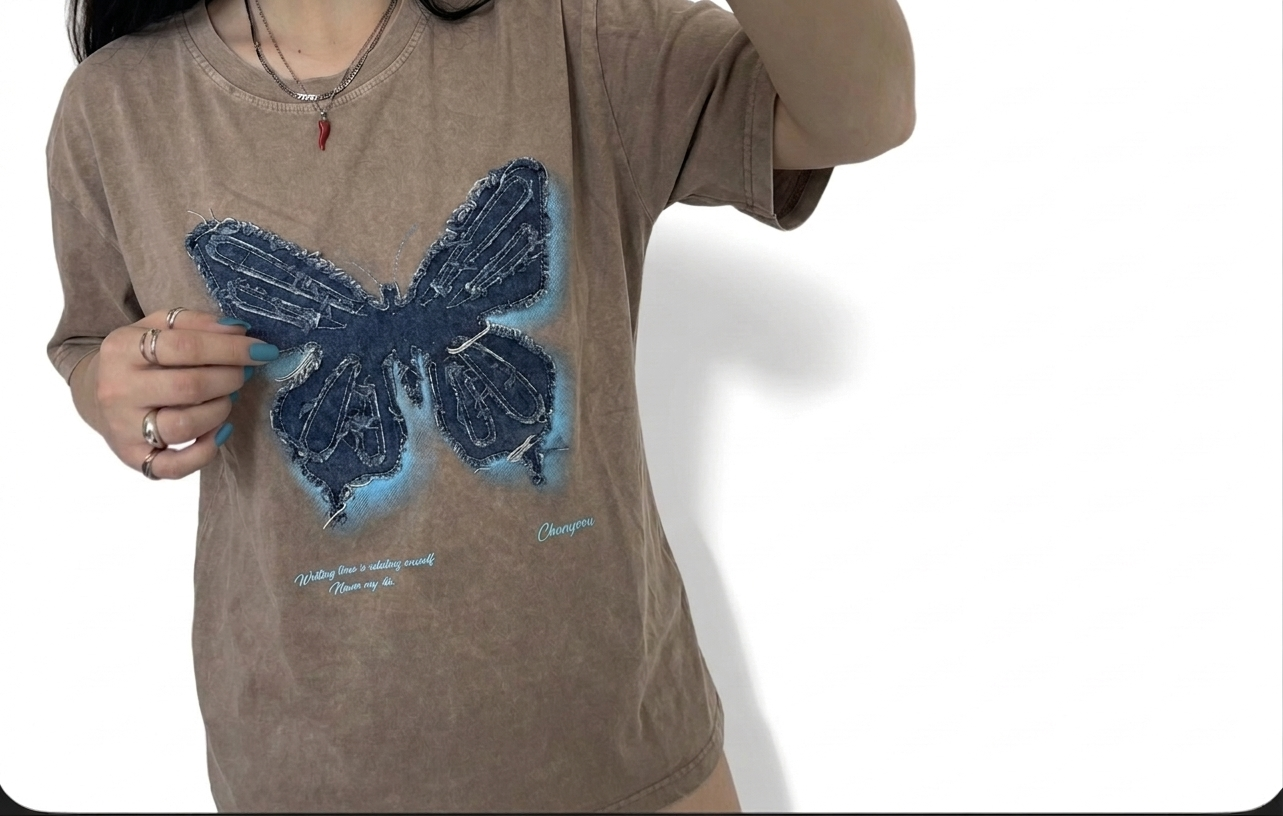 Butterfly Denim Print T-Shirt – Washed