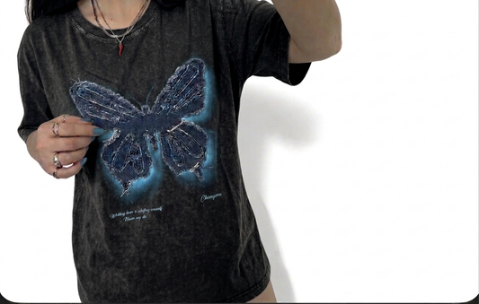 Butterfly Denim Print T-Shirt – Washed