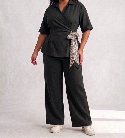 Coordinato Camicia a Portafoglio e Pantalone Wide Leg con Foulard