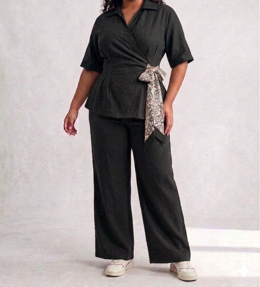 Coordinato Camicia a Portafoglio e Pantalone Wide Leg con Foulard
