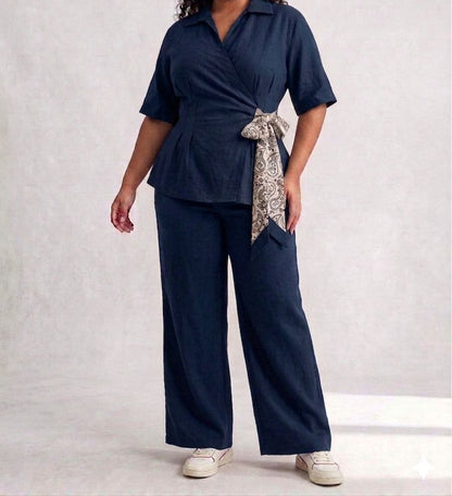 Coordinato Camicia a Portafoglio e Pantalone Wide Leg con Foulard