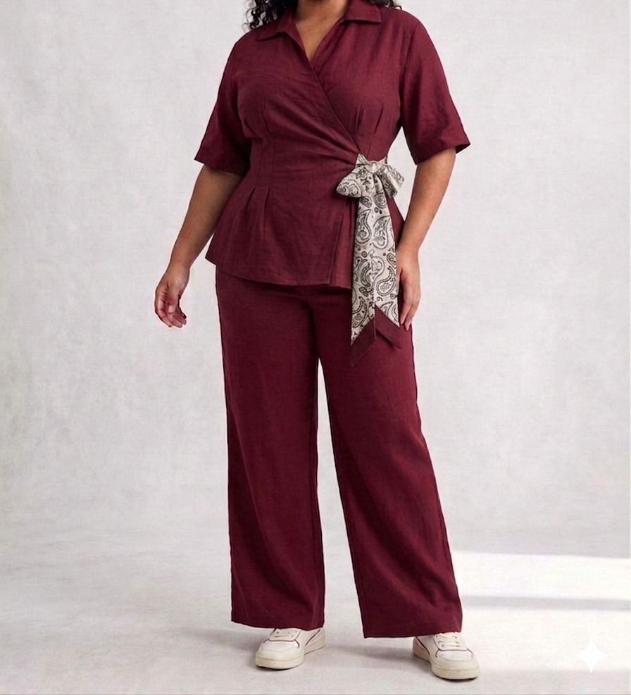 Coordinato Camicia a Portafoglio e Pantalone Wide Leg con Foulard