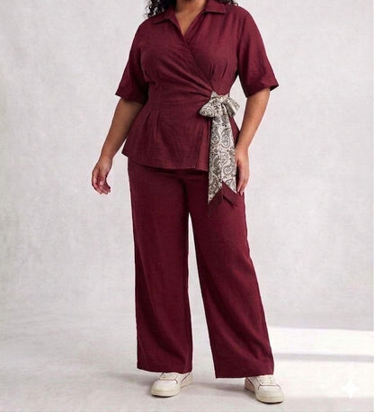 Coordinato Camicia a Portafoglio e Pantalone Wide Leg con Foulard
