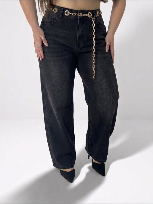Jeans Baggy Nero Washed con Cintura a Catena Dorata | Taglia M-L