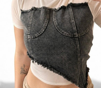 Maglia simil Corsetto Denim Sfrangiato
