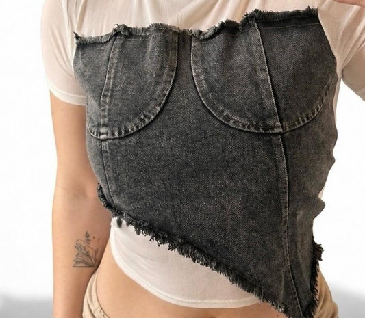 Maglia simil Corsetto Denim Sfrangiato