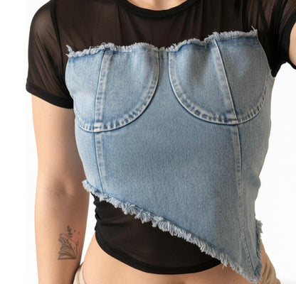 Maglia simil Corsetto Denim Sfrangiato
