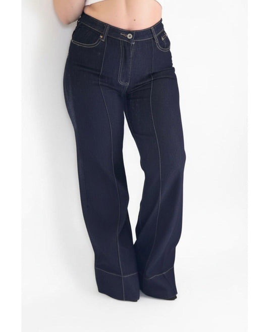 Jeans Wide Leg a Vita Alta – Denim Blu Scuro con Cuciture a Contrasto