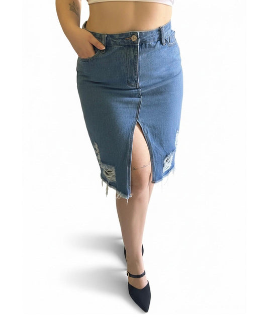 Gonna Midi Denim Strappata con Spacco Frontale
