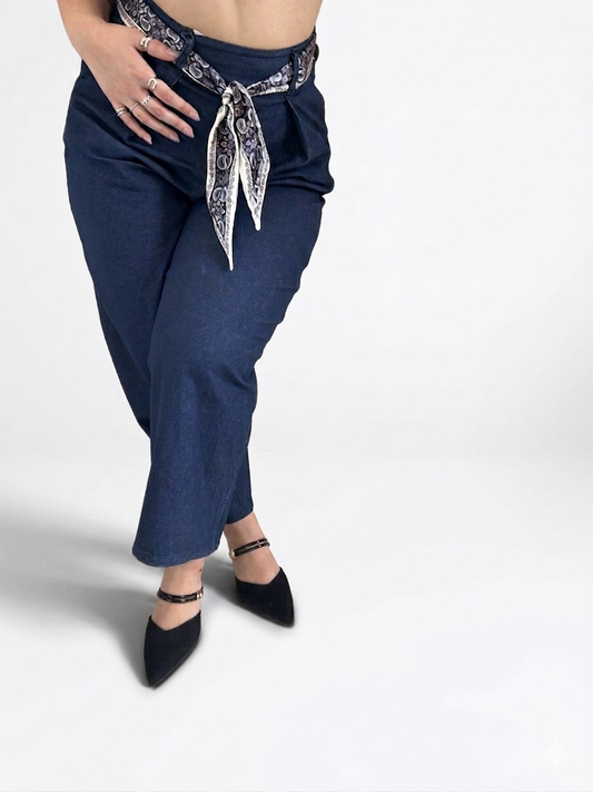 Pantalone Rugiada, Blu Navy a Vita Alta con Foulard Paisley