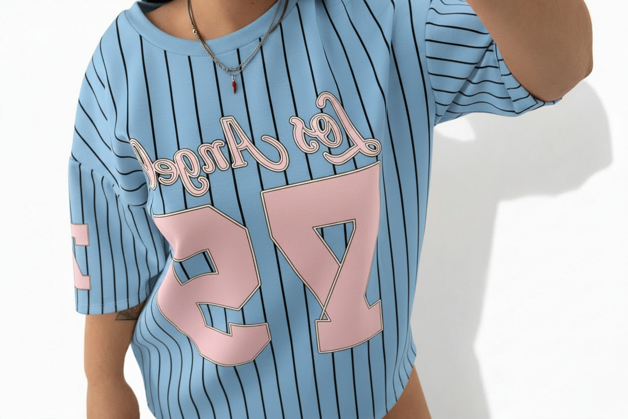 T-Shirt Baseball Los Angeles 79 - Azzurro con girocollo azzurro, strisce nere e numeri rosa