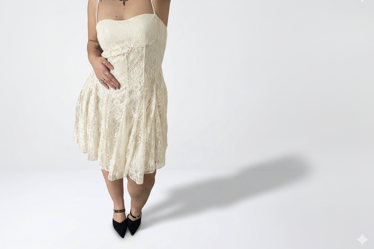 Vestito in Pizzo con Bustier e Gonna Svasata - Avorio