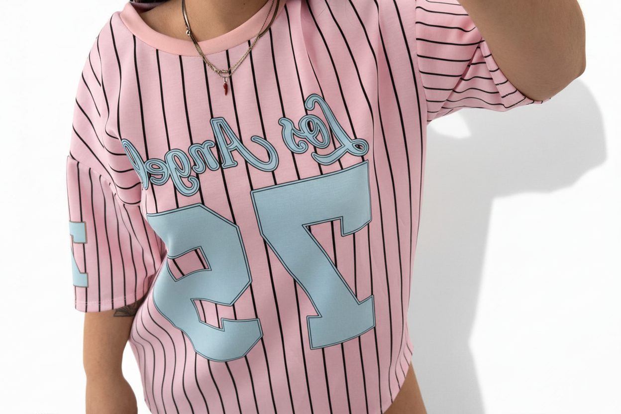 T-Shirt Baseball Los Angeles 79 - Rosa con strisce nere e numeri azzurri